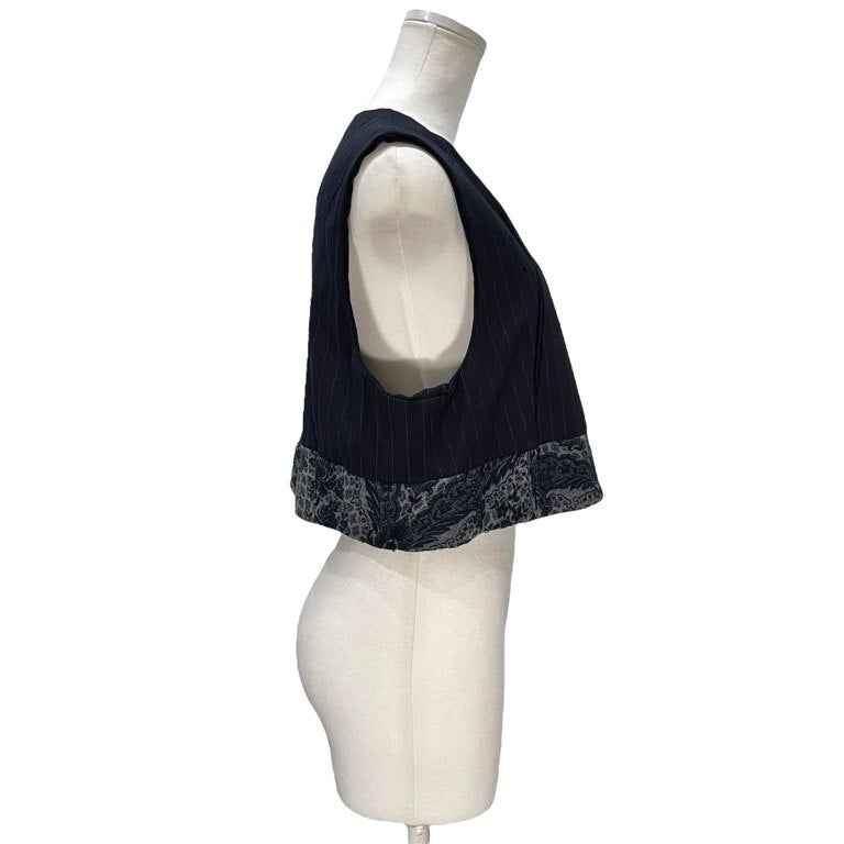 COMME des GARCONS 93SS 裾フラワーダマスクジャカード切替ウールストライプVネックベスト プルオーバー ノースリーブ トップス アウター 花柄 Archive 90s Ultrasimple ウルトラシンプル コムデギャルソン レディース