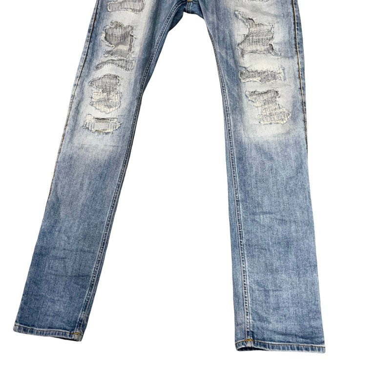 Vivienne Westwood ANGLOMANIA 16SS ダメージリペアデザインコットンストレッチデニムスキニーパンツ スリムシルエットジーンズ オーブ 刺繍 革パッチ チェーンステッチ ヴィヴィアンウエストウッド アングロマニア メンズ