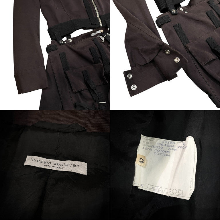 hussein chalayan 02AW キャンバスコットンカットオフ立体ポケットスカートドッキングライダースジャケット Archive ブルゾン アウター 脱着 フセインチャラヤン レディース