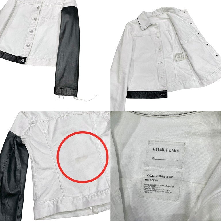 HELMUT LANG 03SS VINTAGE BROKEN DENIM LEATHER SWITCHING TRUCKER JACKET ヴィンテージブロークンデニムレザー切替トラッカージャケット Archive ダメージ加工 カットオフ ブルゾン コート アウター ヘルムートラング