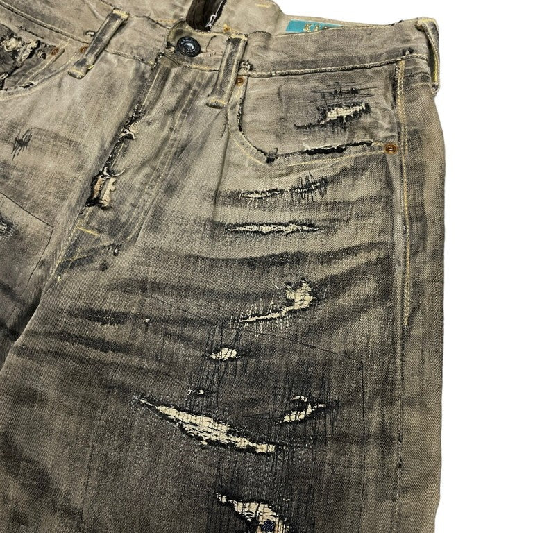 KAPITAL LEGS 初期 炭鉱クラッシュ加工黒革色5Pデニムパンツ 超希少 一点物 オーダー リメイク ダメージ加工 ヴィンテージ加工 月桂樹ボタン コレクターズ KOUNTRY カントリー ボトム キャピタル メンズ