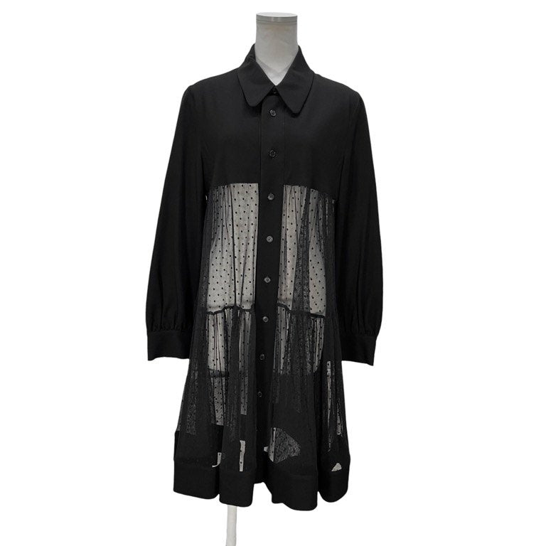 LIMI feu ドット刺繍チュール切替ウールギャバジンロングシャツワンピース トップス アウター Yohji Yamamoto Femme リミフゥ ヨウジヤマモトファム レディース
