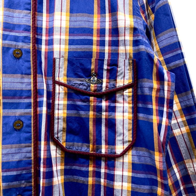 Vivienne Westwood MAN マドラスチェックラウンドカラーパイピングボタンダウンシャツ ブラウス トップス 丸襟 オーブ刺繍 ヴィヴィアンウエストウッド マン メンズ