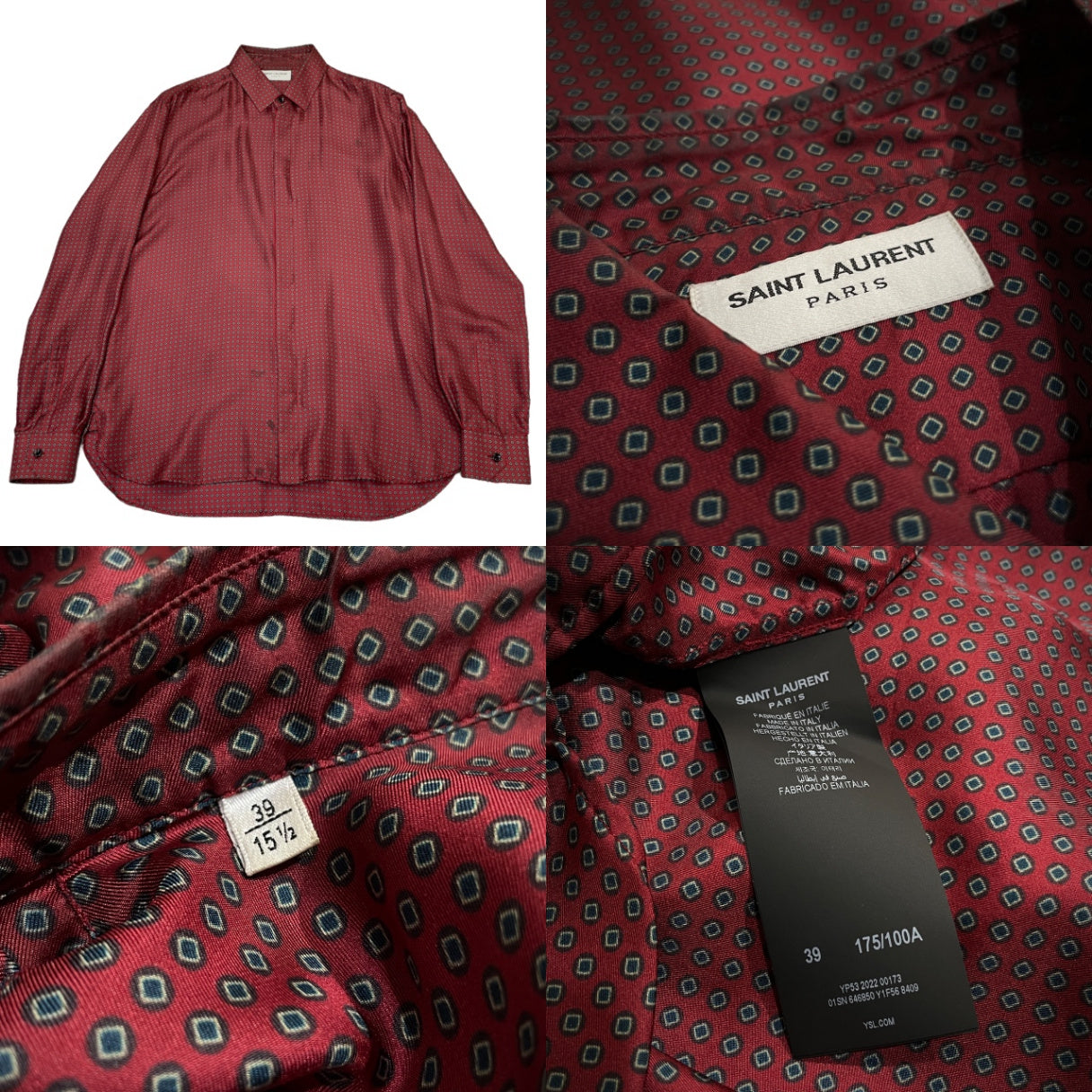 SAINT LAURENT PARIS 2022 総柄比翼シルクシャツ ブラウス トップス 長袖 646850 Y1F56 サンローランパリ メンズ