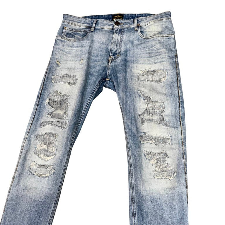 Vivienne Westwood ANGLOMANIA 16SS ダメージリペアデザインコットンストレッチデニムスキニーパンツ スリムシルエットジーンズ オーブ 刺繍 革パッチ チェーンステッチ ヴィヴィアンウエストウッド アングロマニア メンズ
