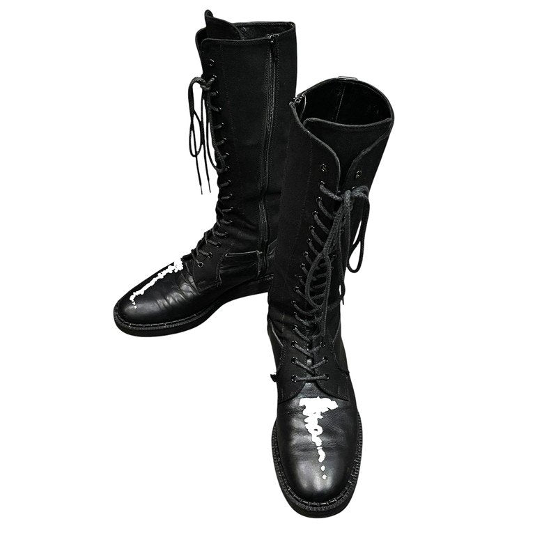 Yohji Yamamoto Pour Homme 19AW レザーキャンバスアートペイントレースアップサイドジップジョッキーブーツ LOOK25 ロング ジョッパーズ ジョッパー シューズ 靴 クツ ヨウジヤマモトプールオム メンズ