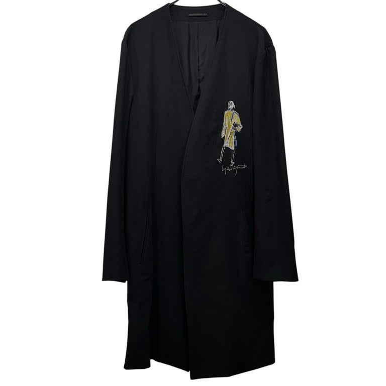 Yohji Yamamoto Pour Homme 21AW ウールギャバジン女優刺繍ノーカラーロングテーラードジャケット 02SS 復刻 Archive 名作 希少 ロゴ ブルゾン コート アウター ヨウジヤマモトプールオム メンズ