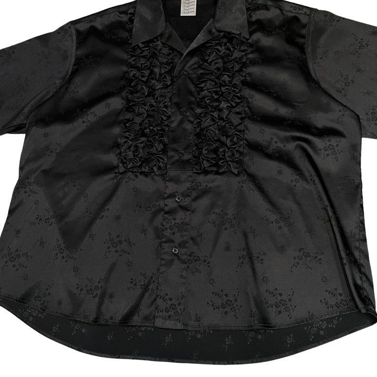 VAQUERA NYC 21ss TUXEDO RUFFLE BUTTON DOWNSHIRTS ポリエステルジャカードサテンフリルボタンダウンシャツ 半袖 ブラウス 定価44,000円 ヴァケラ メンズ レディース ユニセックス