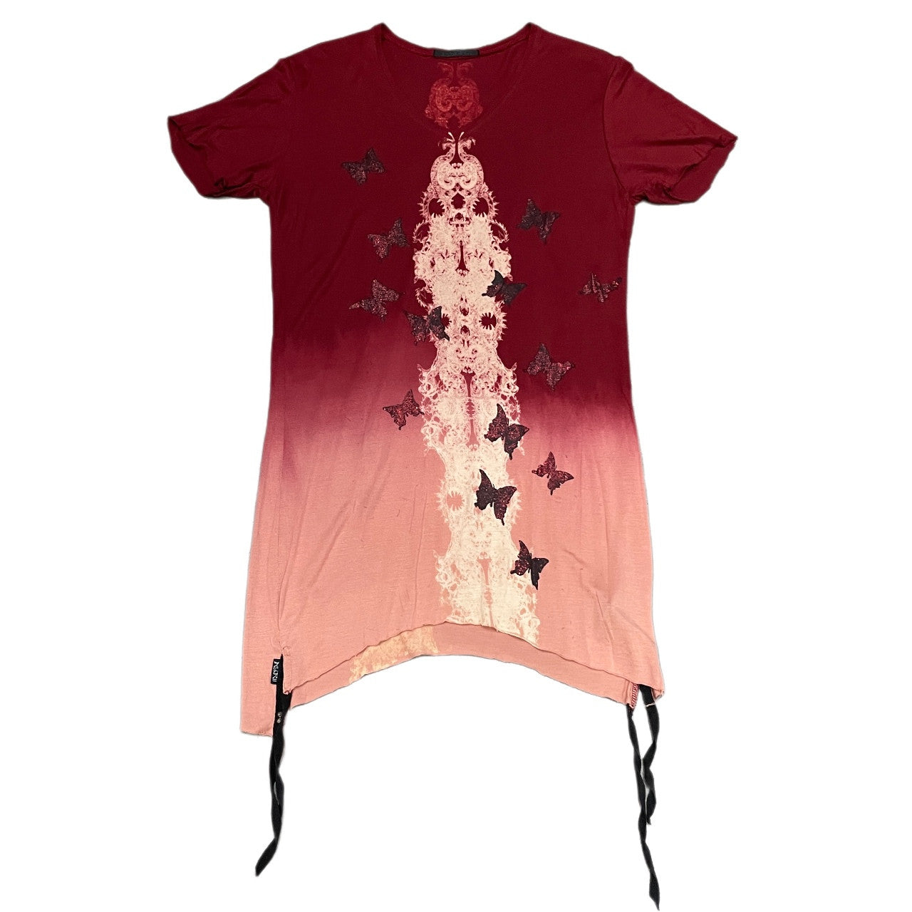 KMRii 抜染バタフライラメプリントグラデーションVネックモダールカットソー Tシャツ Tee T-shirt 蝶々 トップス Y2K ケムリ メンズ