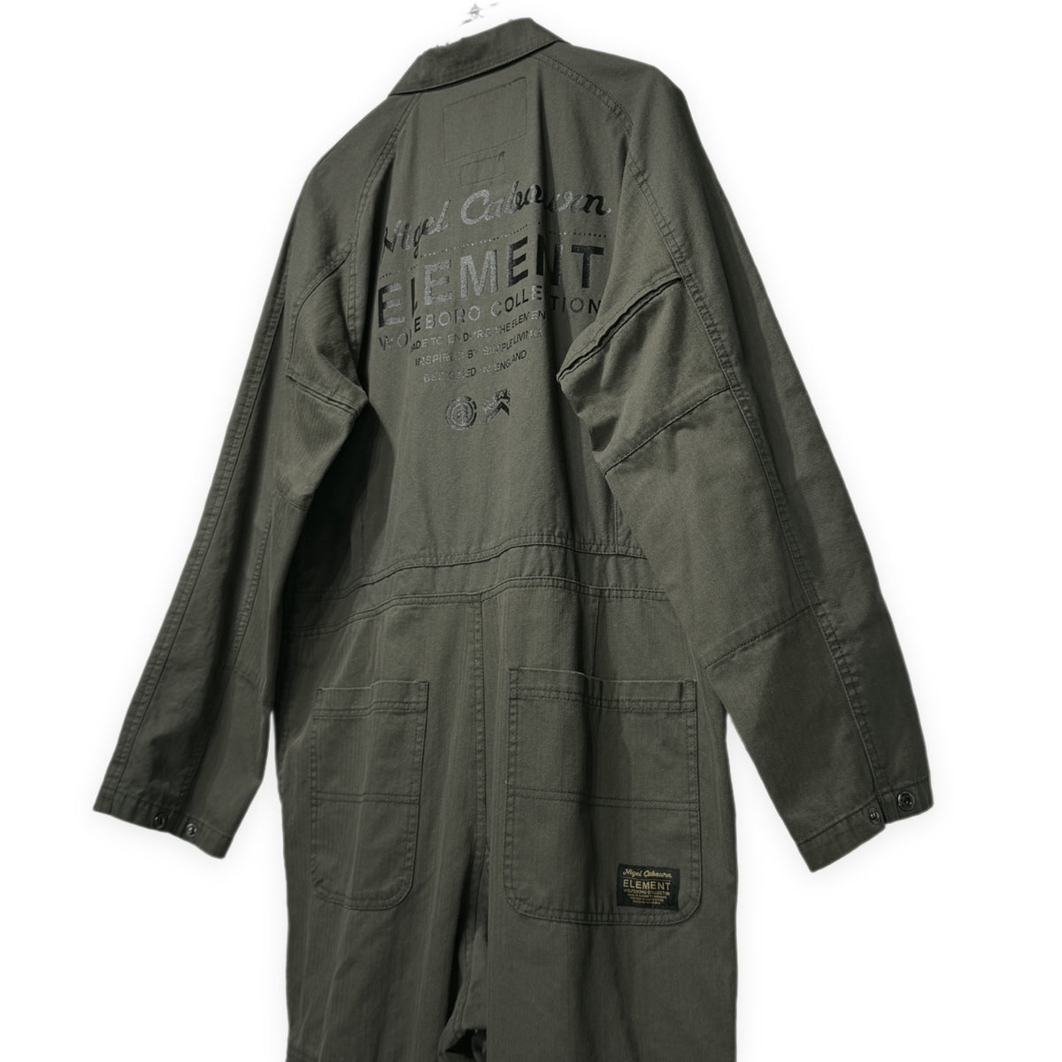 Nigel Cabourn × ELEMENT HBT切り替えバックロゴプリントジップアップジャンプスーツ つなぎ オールインワン オーバーオール パンツ アウター ナイジェルケーボン エレメント メンズ