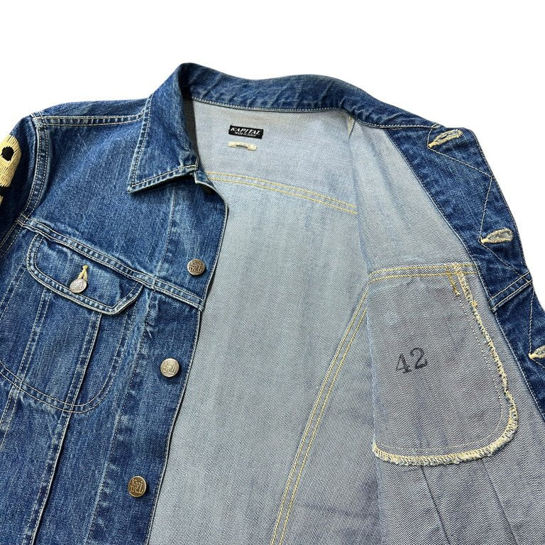 KAPITAL 19SS 14ozデニム ウエスターナー LONG ウォッシュ加工スマイリーロゴ刺繍デニムトラッカージャケット スマイル ブルゾン アウター Archive Size 42 キャピタル メンズ