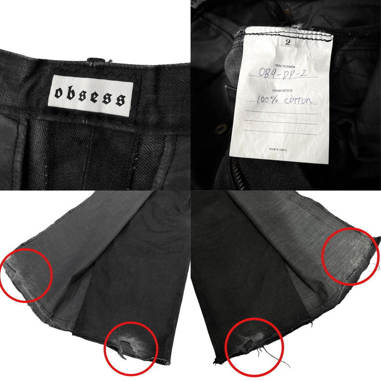 obsess カットオフブラックデニムバックレザーベルトラップワイドパンツ モードの悲劇 ボトムス オブセス メンズ