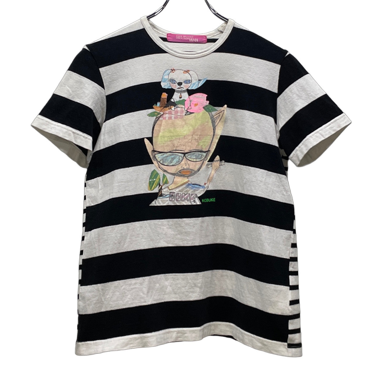 JUNYA WATANABE COMME des GARCONS MAN PINK × 古武家賢太郎 03SS マルチボーダー切替アートプリントTシャツ カットソー Tee T-shirt 半袖 トップス Archive ジュンヤワタナベ コムデギャルソン マン ピンク レディース