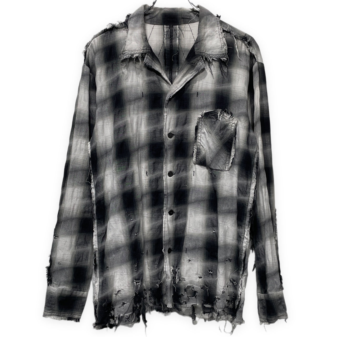 [-]Minus SLASH SEAM OMBRE CHECK SHIRT スラッシュシームオンブレチェックオープンカラーダメージシャツ 開襟 ブラウス トップス 定価35,200円 マイナス メンズ