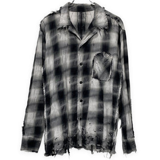 [-]Minus SLASH SEAM OMBRE CHECK SHIRT スラッシュシームオンブレチェックオープンカラーダメージシャツ 開襟 ブラウス トップス 定価35,200円 マイナス メンズ