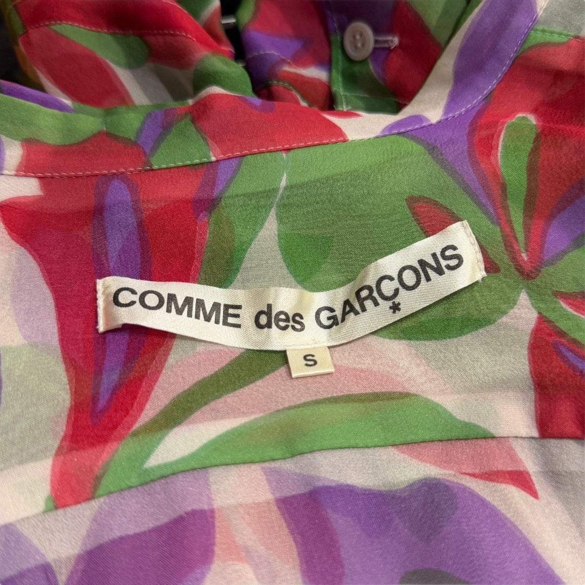 COMME des GARCONS 01SS シルクシースルー丸襟花柄シャツ Archive 00s 総柄 トップス ブラウス 長袖 Optical Power オプティカルパワー レディース
