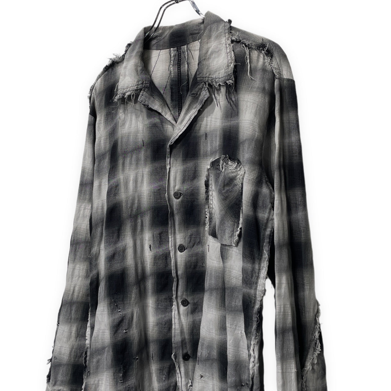 [-]Minus SLASH SEAM OMBRE CHECK SHIRT スラッシュシームオンブレチェックオープンカラーダメージシャツ 開襟 ブラウス トップス 定価35,200円 マイナス メンズ