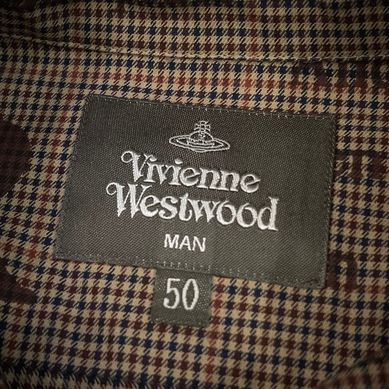 Vivienne Westwood MAN 21AW メッセージプリントガンクラブチェックラウンドカラーボタンダウンシャツ ブラウス 長袖 丸襟 オーブ刺繍 ヴィヴィアンウエストウッド マン メンズ