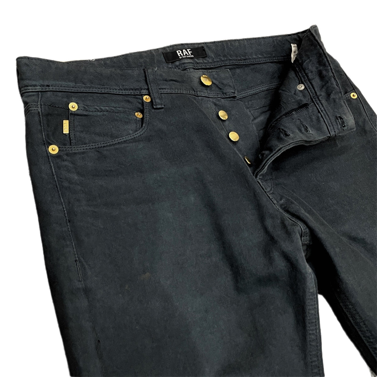 RAF by RAF SIMONS ネイビーデニム5ポケットテーパードパンツ ジーンズ ボトムス ラフシモンズ メンズ