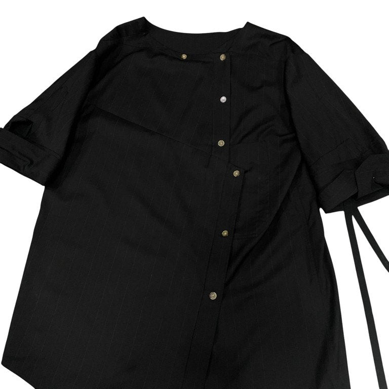 MARINA YEE MY Dress Shirt ウールギャバジンピンストライプカフスリボンノーカラー折り紙シャツ ブラウス トップス Archive Antwerp 6 アントワープ マリナイー