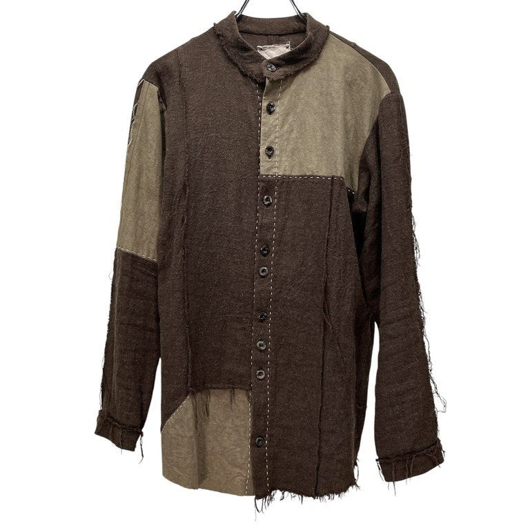 ROGGYKEI リネンウールフランネルハンドステッチパッチワークカットオフバンドカラーシャツ ハンドメイド ロギーケイ メンズ レディース ユニセックス