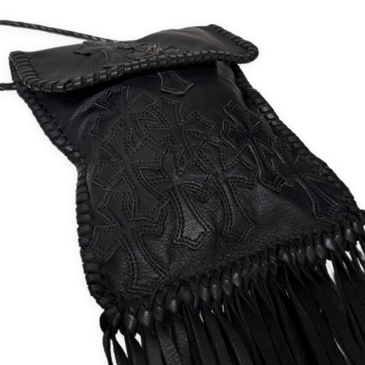 CHROME HEARTS FLAT HIPPIE BLK フラットヒッピーバッグ オールレザーセメタリークロスパッチフリンジショルダーバッグ クロスボール スクロールラベル レザーブレード ボロチップ クロムハーツ メンズ レディース ユニセックス