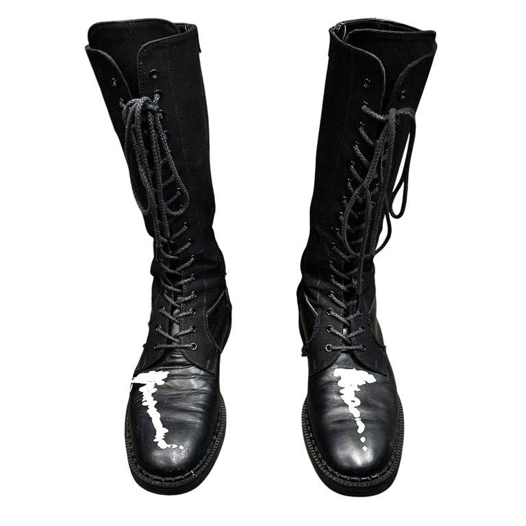 Yohji Yamamoto Pour Homme 19AW レザーキャンバスアートペイントレースアップサイドジップジョッキーブーツ LOOK25 ロング ジョッパーズ ジョッパー シューズ 靴 クツ ヨウジヤマモトプールオム メンズ
