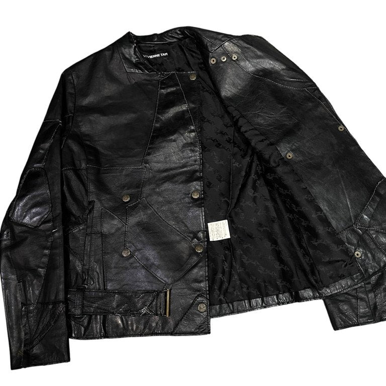 VIVIENNE TAM カウレザーパッチワークノーカラーダブルライダースレザージャケット Archive Vintage 90s 00s ブルゾン コート アウター ヴィヴィアンタム レディース