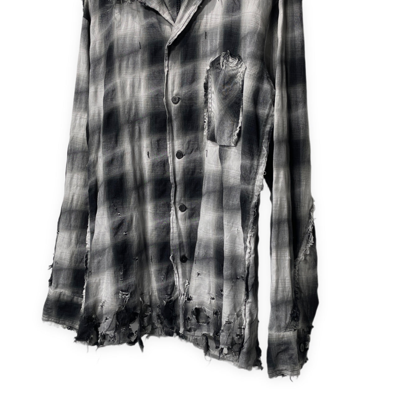 [-]Minus SLASH SEAM OMBRE CHECK SHIRT スラッシュシームオンブレチェックオープンカラーダメージシャツ 開襟 ブラウス トップス 定価35,200円 マイナス メンズ