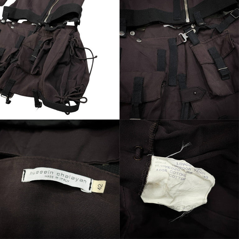 hussein chalayan 02AW キャンバスコットンカットオフ立体ポケットスカートドッキングライダースジャケット Archive ブルゾン アウター 脱着 フセインチャラヤン レディース