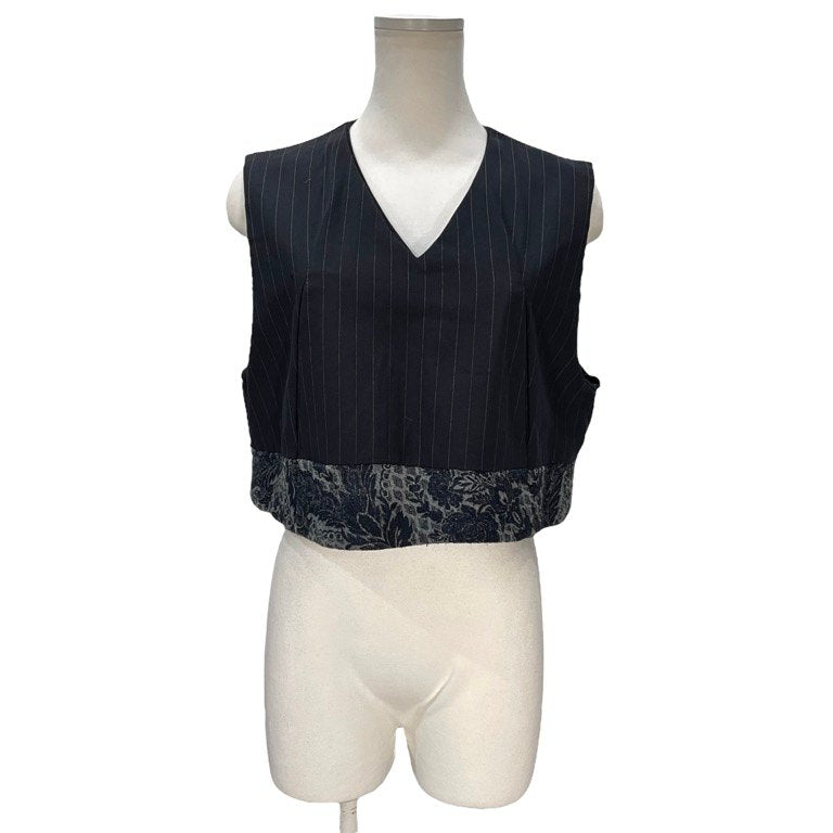 COMME des GARCONS 93SS 裾フラワーダマスクジャカード切替ウールストライプVネックベスト プルオーバー ノースリーブ トップス アウター 花柄 Archive 90s Ultrasimple ウルトラシンプル コムデギャルソン レディース