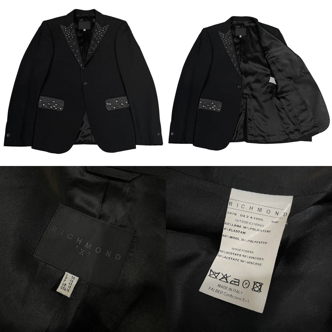 RICHMOND レザーピークドラペルスタッズアイレット1Bウールテーラードジャケット ブレザー コート アウター John Richmond ジョンリッチモンド メンズ