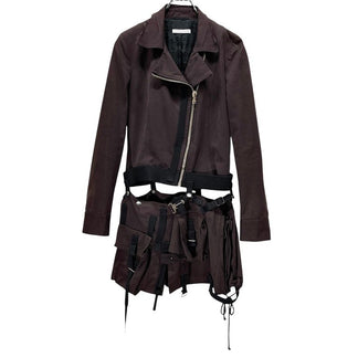 hussein chalayan 02AW キャンバスコットンカットオフ立体ポケットスカートドッキングライダースジャケット Archive ブルゾン アウター 脱着 フセインチャラヤン レディース