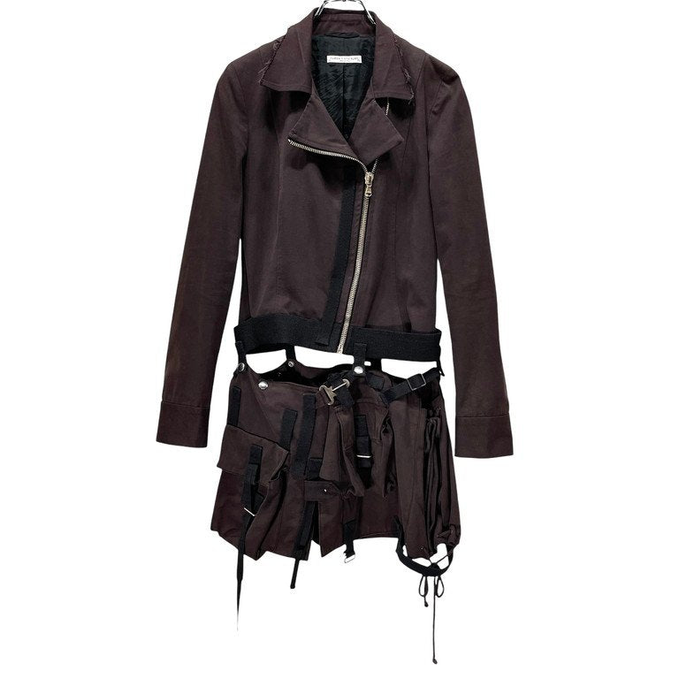 hussein chalayan 02AW キャンバスコットンカットオフ立体ポケットスカートドッキングライダースジャケット Archive ブルゾン アウター 脱着 フセインチャラヤン レディース