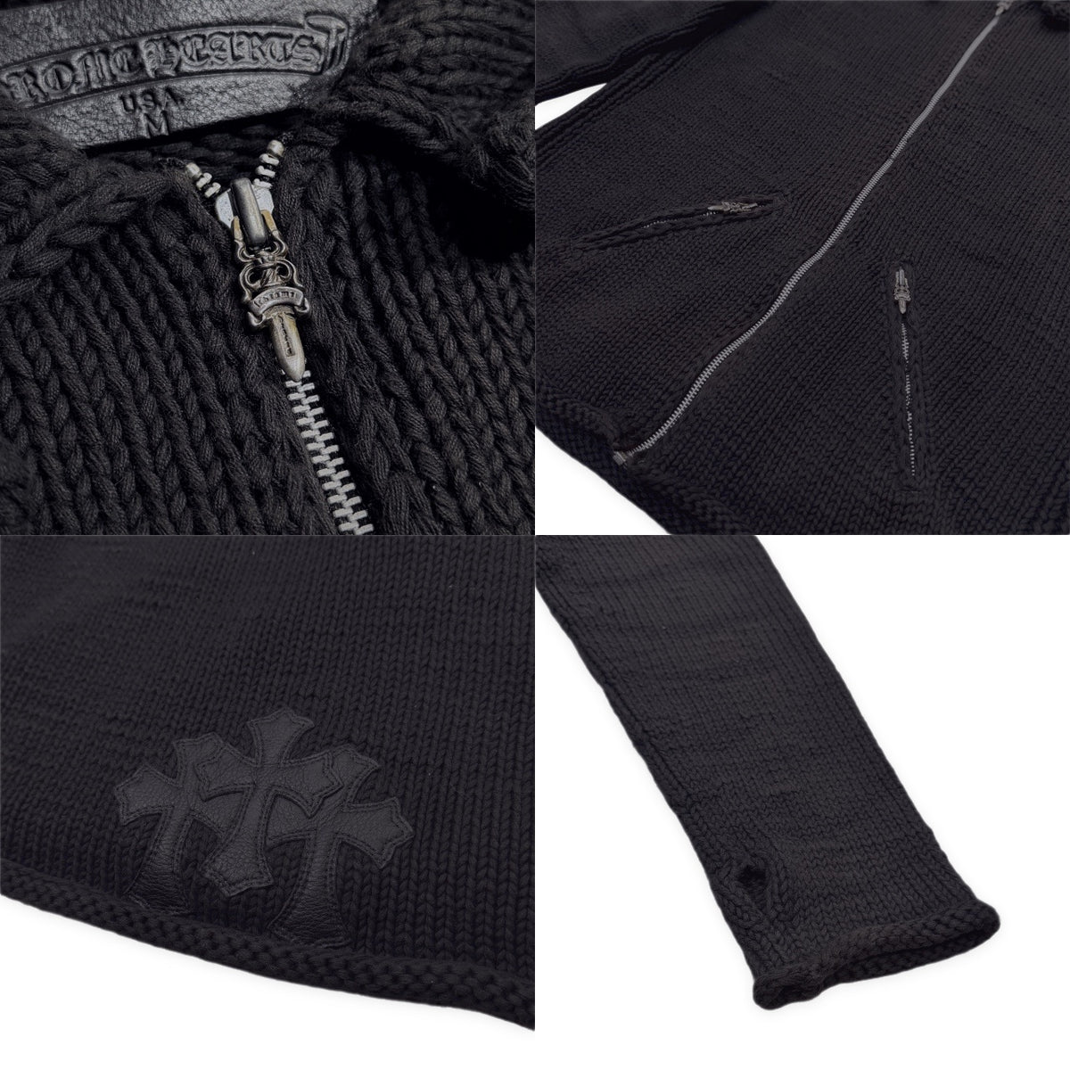 CHROME HEARTS SWEATER LOW RIDER ZIP ダガートップレザークロスパッチ襟付きジップアップニットジャケット セーター カーディガン カウチン ブルゾン アウター サムホール 指貫 クロムハーツ メンズ