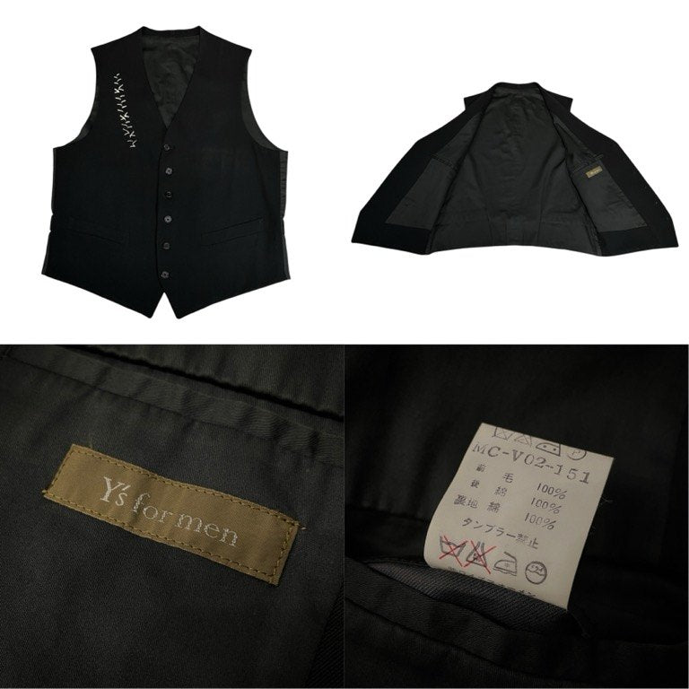 Y's for men ウールギャバジン針刺しシンチバック傷刺繍ベスト Archive 90s 名作 キズ ノースリーブ ジャケット トップス アウター Yohji Yamamoto Pour Homme ヨウジヤマモトプールオム ワイズフォーメン メンズ