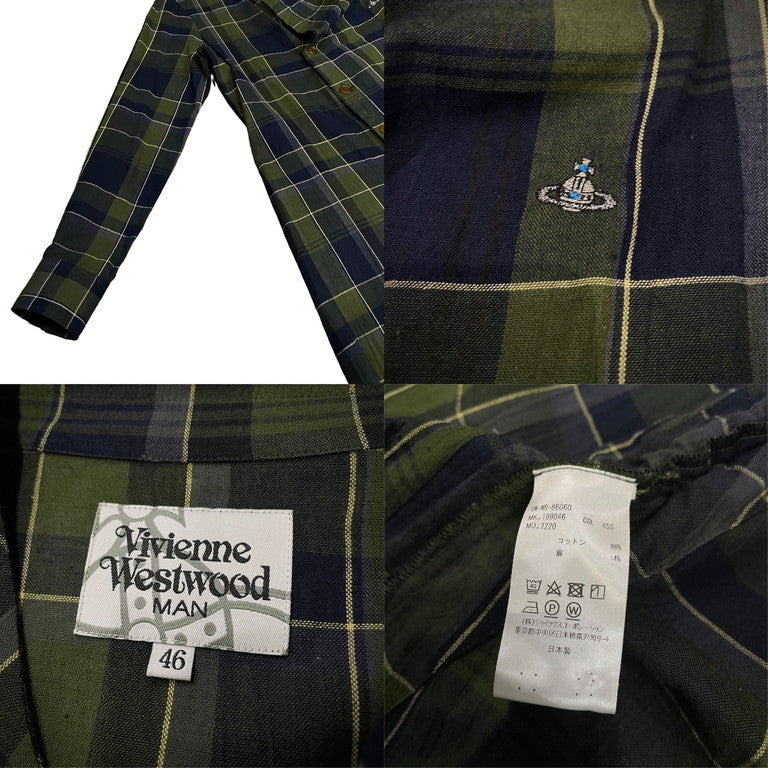 Vivienne Westwood MAN 18SS コットンリネンハイネックサイドシャーリングロングチェックシャツ オーブ刺繍 変形 ドローストリング ギャザー スプリングコート ヴィヴィアンウエストウッドマン メンズ