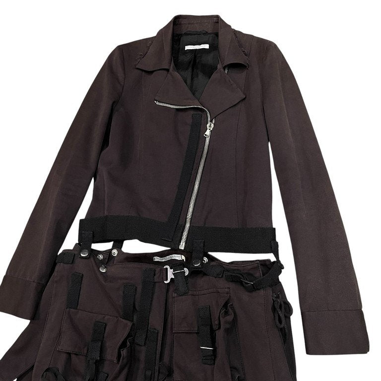 hussein chalayan 02AW キャンバスコットンカットオフ立体ポケットスカートドッキングライダースジャケット Archive ブルゾン アウター 脱着 フセインチャラヤン レディース