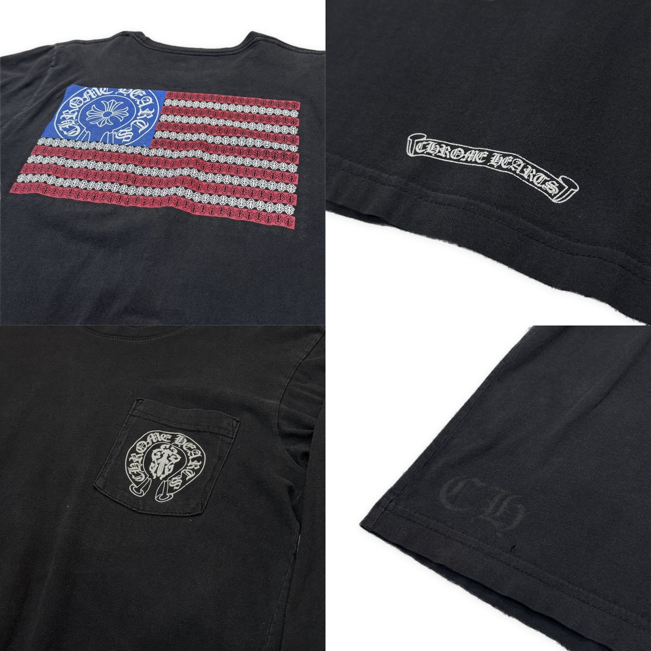 CHROME HEARTS American Flag Black Print Crewneck T-Shirt "Black/Red/Blue" アメリカ国旗風バックプリント袖リブポケットTシャツ Tee トップス 長袖 スクロールラベル ホースシュー クロムハーツ メンズ
