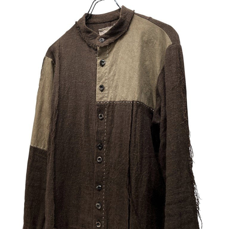 ROGGYKEI リネンウールフランネルハンドステッチパッチワークカットオフバンドカラーシャツ ハンドメイド ロギーケイ メンズ レディース ユニセックス