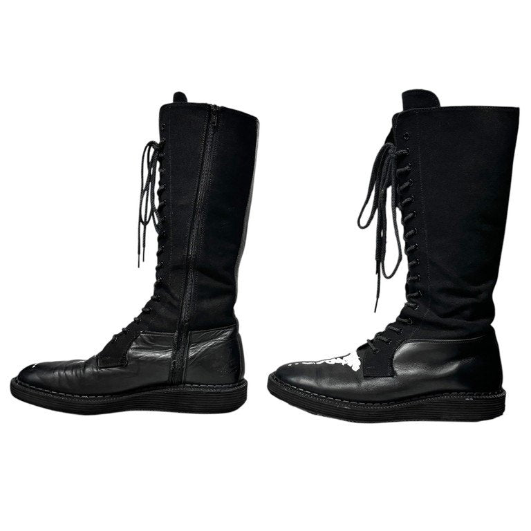 Yohji Yamamoto Pour Homme 19AW レザーキャンバスアートペイントレースアップサイドジップジョッキーブーツ LOOK25 ロング ジョッパーズ ジョッパー シューズ 靴 クツ ヨウジヤマモトプールオム メンズ