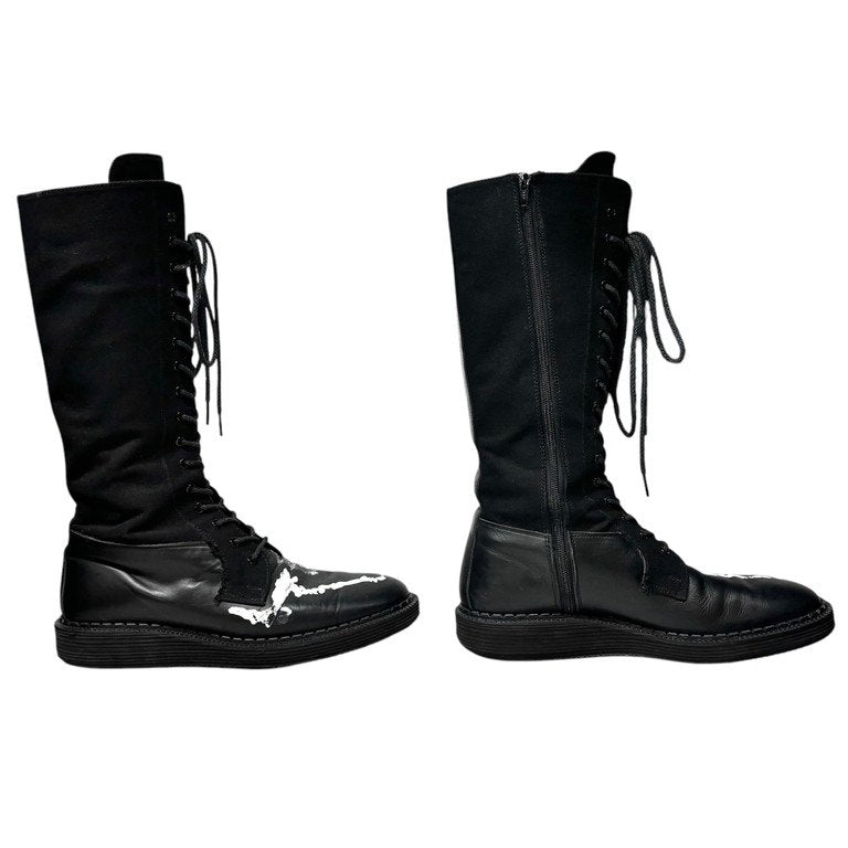 Yohji Yamamoto Pour Homme 19AW レザーキャンバスアートペイントレースアップサイドジップジョッキーブーツ LOOK25 ロング ジョッパーズ ジョッパー シューズ 靴 クツ ヨウジヤマモトプールオム メンズ