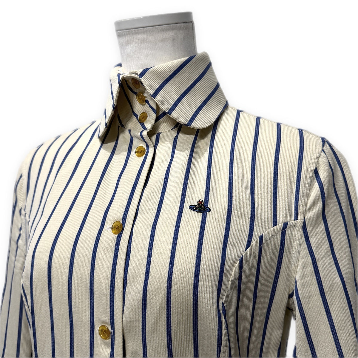Vivienne Westwood GOLD LABEL オーブ刺繍チンカラー丸襟ストライプショートシャツ ブラウス トップス 5分袖 Archive 90s ヴィヴィアンウエストウッド ゴールドレーベル レディース