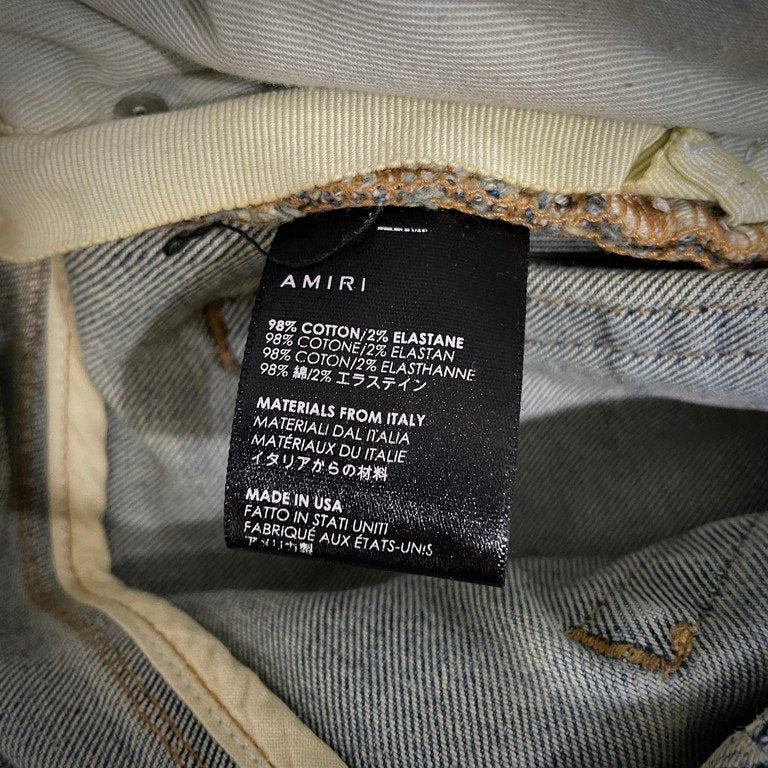 AMIRI ダメージウォッシュ加工サイドラインプリントストレッチスキニーデニムパンツ スリムシルエット ボトムス 側章 ストライプ アミリ メンズ