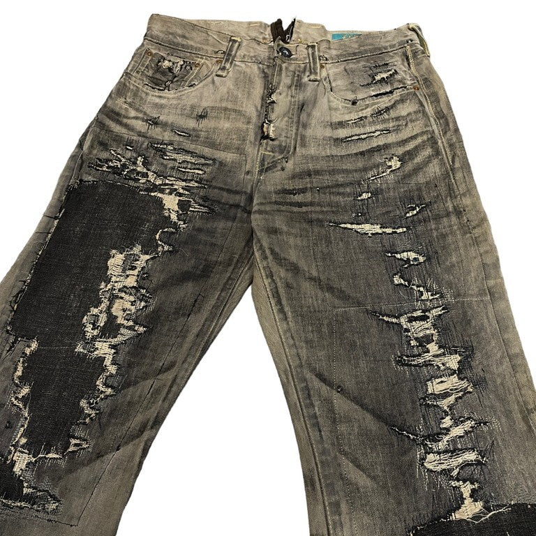 KAPITAL LEGS 初期 炭鉱クラッシュ加工黒革色5Pデニムパンツ 超希少 一点物 オーダー リメイク ダメージ加工 ヴィンテージ加工 月桂樹ボタン コレクターズ KOUNTRY カントリー ボトム キャピタル メンズ