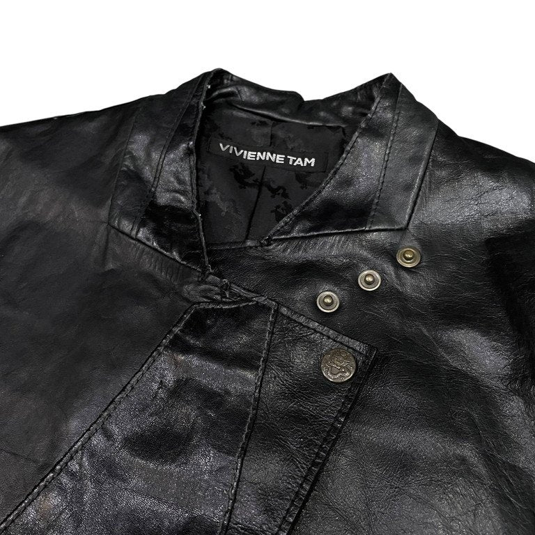 VIVIENNE TAM カウレザーパッチワークノーカラーダブルライダースレザージャケット Archive Vintage 90s 00s ブルゾン コート アウター ヴィヴィアンタム レディース