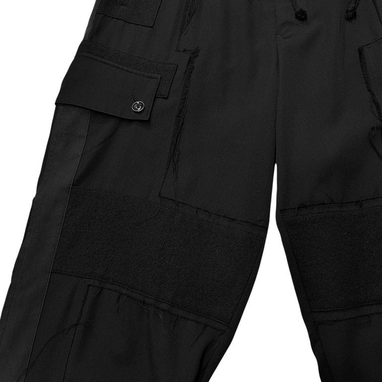 Yohji Yamamoto Pour Homme 15AW ウールギャバジンフラノパッチワーク側章裁ち切りカーゴパンツ LOOK12 Archive カットオフ サイドライン ドローストリング イージー ウエストゴムシャーリング ボトムス ヨウジヤマモトプールオム