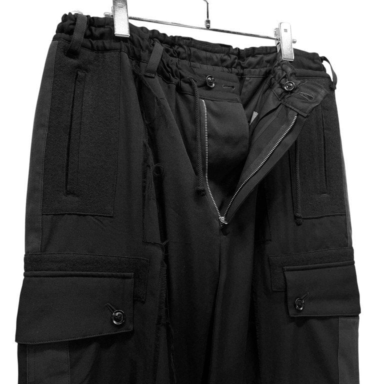 Yohji Yamamoto Pour Homme 15AW ウールギャバジンフラノパッチワーク側章裁ち切りカーゴパンツ LOOK12 Archive カットオフ サイドライン ドローストリング イージー ウエストゴムシャーリング ボトムス ヨウジヤマモトプールオム
