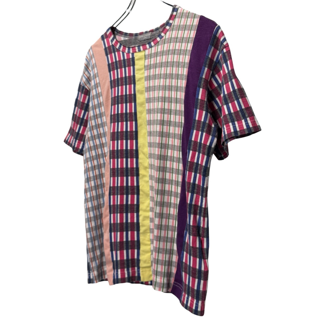 COMME des GARCONS HOMME 01AW 縦接ぎストライプパッチワークチェック柄クルーネックTシャツ カットソー Tee T-shirt 半袖 トップス Archive 00s 総柄 コムデギャルソンオム メンズ