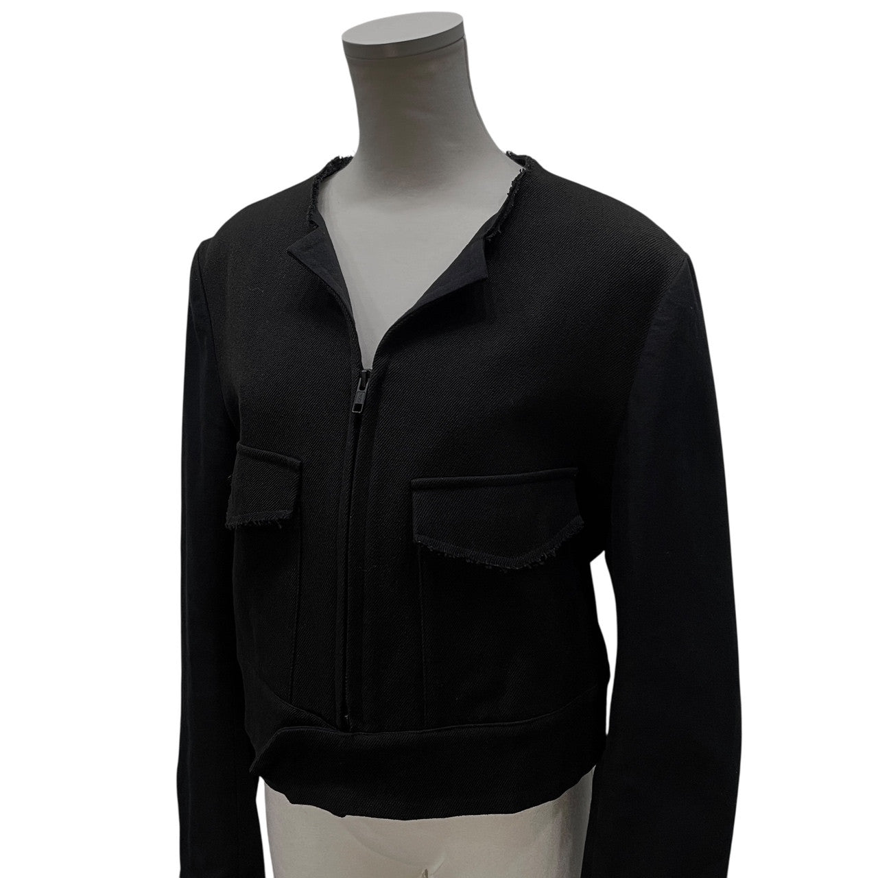 Y's 袖切替ウールカットオフノーカラーショートジャケット 裁ち切り ブルゾン コート アウター Yohji Yamaomto Femme ヨウジヤマモトファム ワイズ レディース